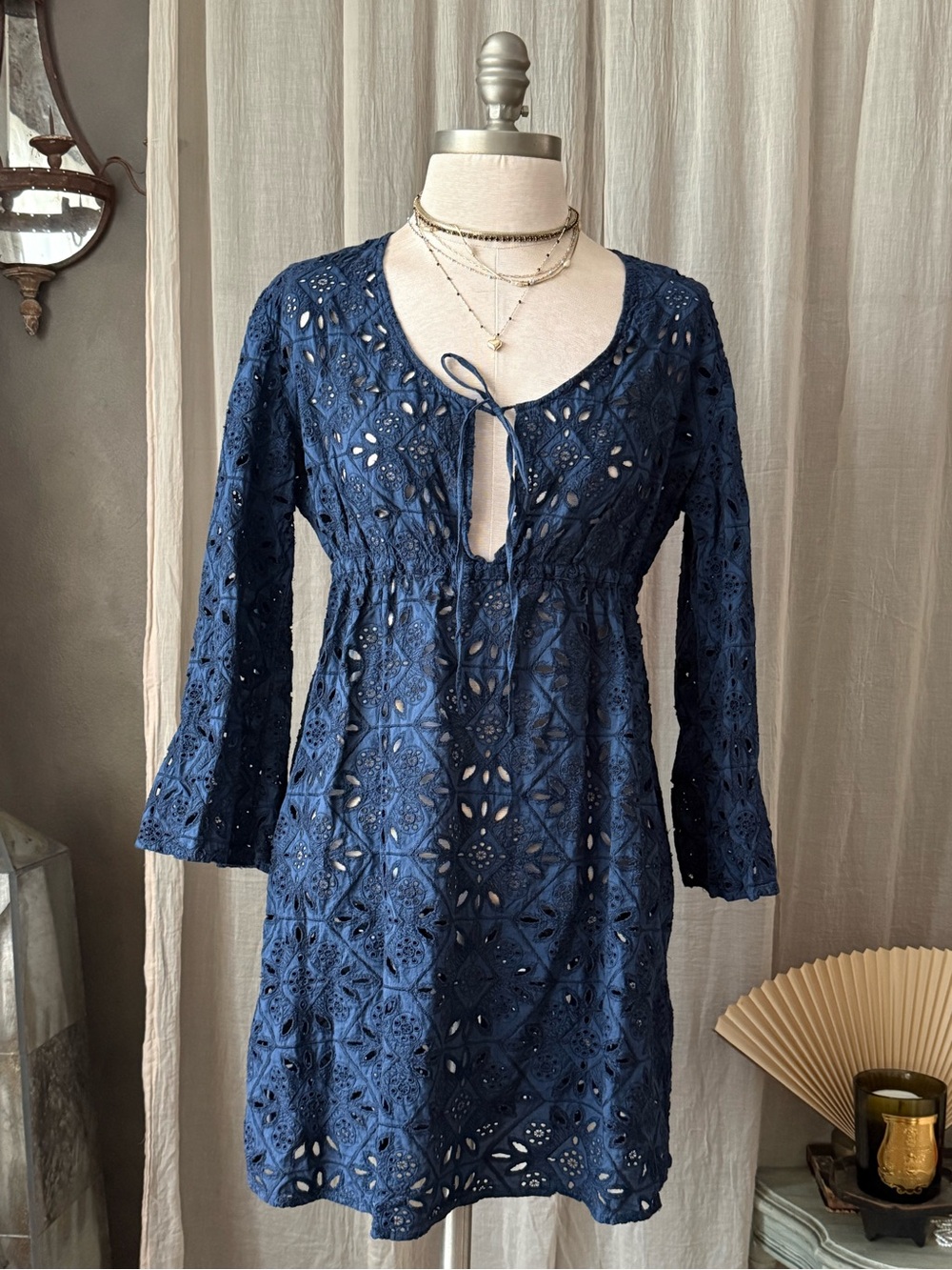 Temptation Positano blue eyelet lace beach cover-up tie dress broderie anglaise